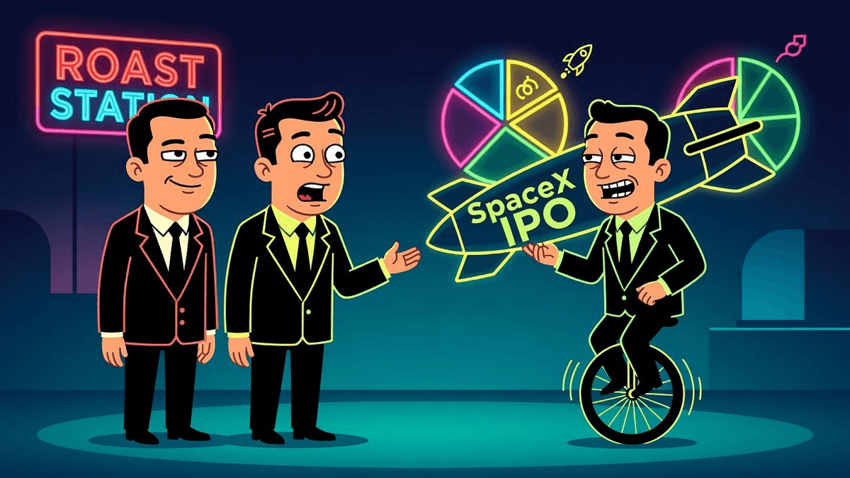 AI Startups Audit: The SpaceX IPO Ride Delusion — Tech satirical illustration by Roast Station