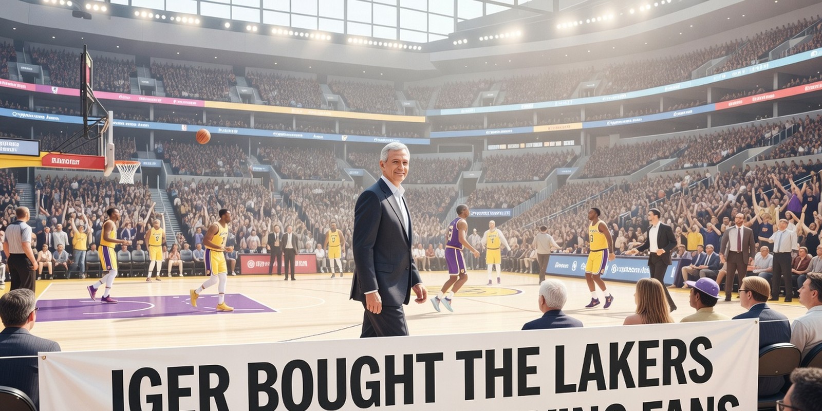 Iger Bought the Lakers and Called It Serving Fans — Sports satirical illustration · SPICY tier · Roast Station editorial