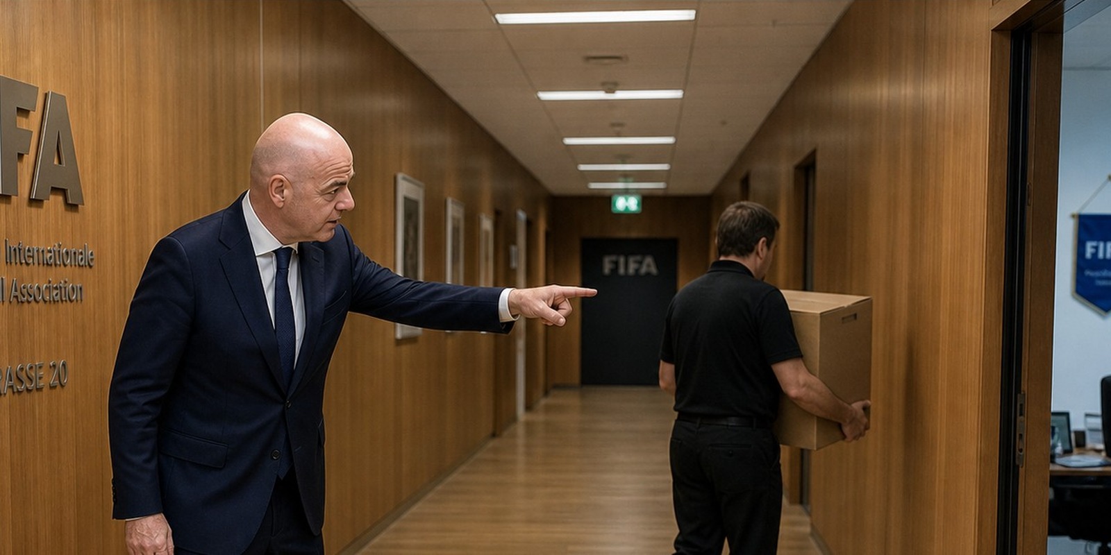Infantino Dumped Kevin Lamour at FIFA Headquarters in Zurich — Sports satirical illustration · SPICY tier · Roast Station editorial