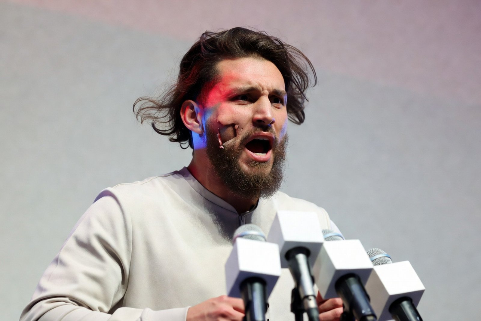 Lopez Crashed the Presser in a Fake Beard at T-Mobile Arena — Sports satirical illustration by Roast Station