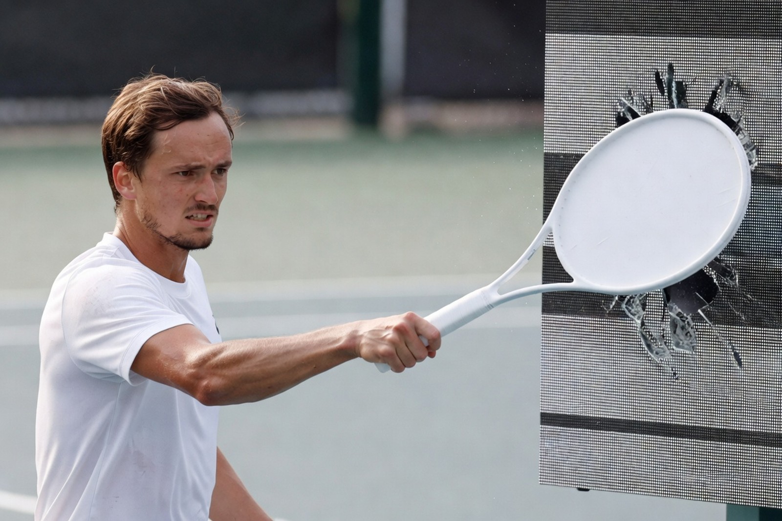 Medvedev Smashed LED Boards at the Cincinnati Open — Sports satirical illustration · SPICY tier · Roast Station editorial