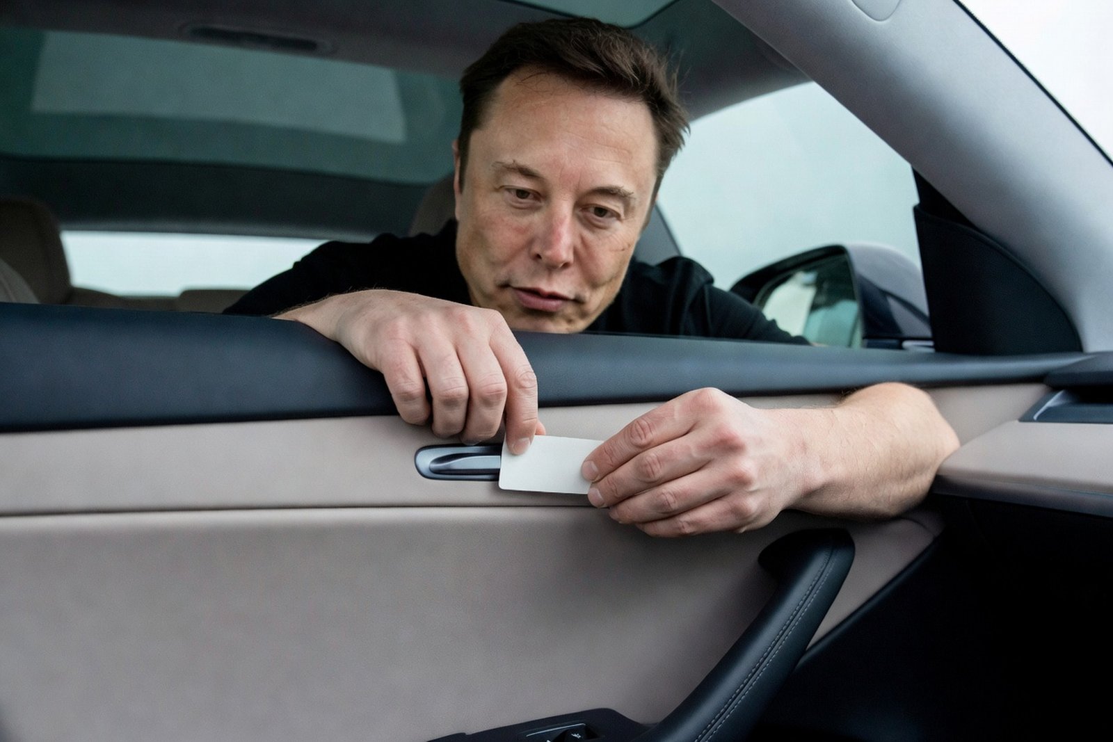 Tesla Stuck Warning Labels on Hidden Door Releases in China — Tech satirical illustration by Roast Station