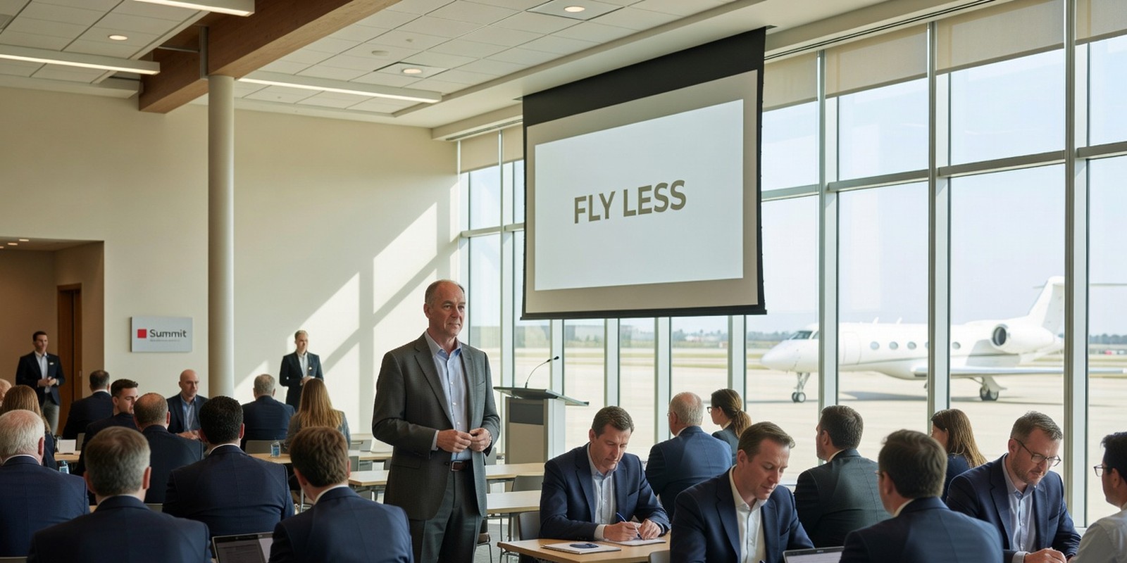 The Summit Flew the Panel In to Talk About Flying Less — World satirical illustration by Roast Station