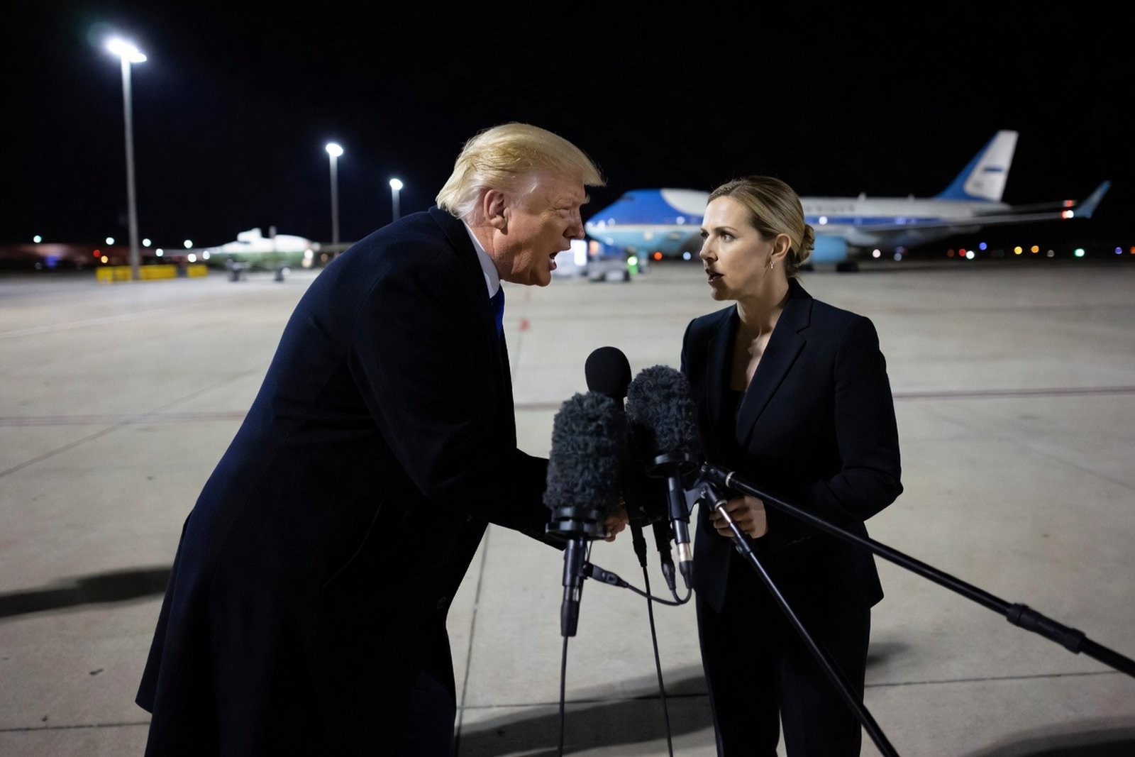 Trump Lunged at Rachel Scott at DFW — Politics satirical illustration by Roast Station