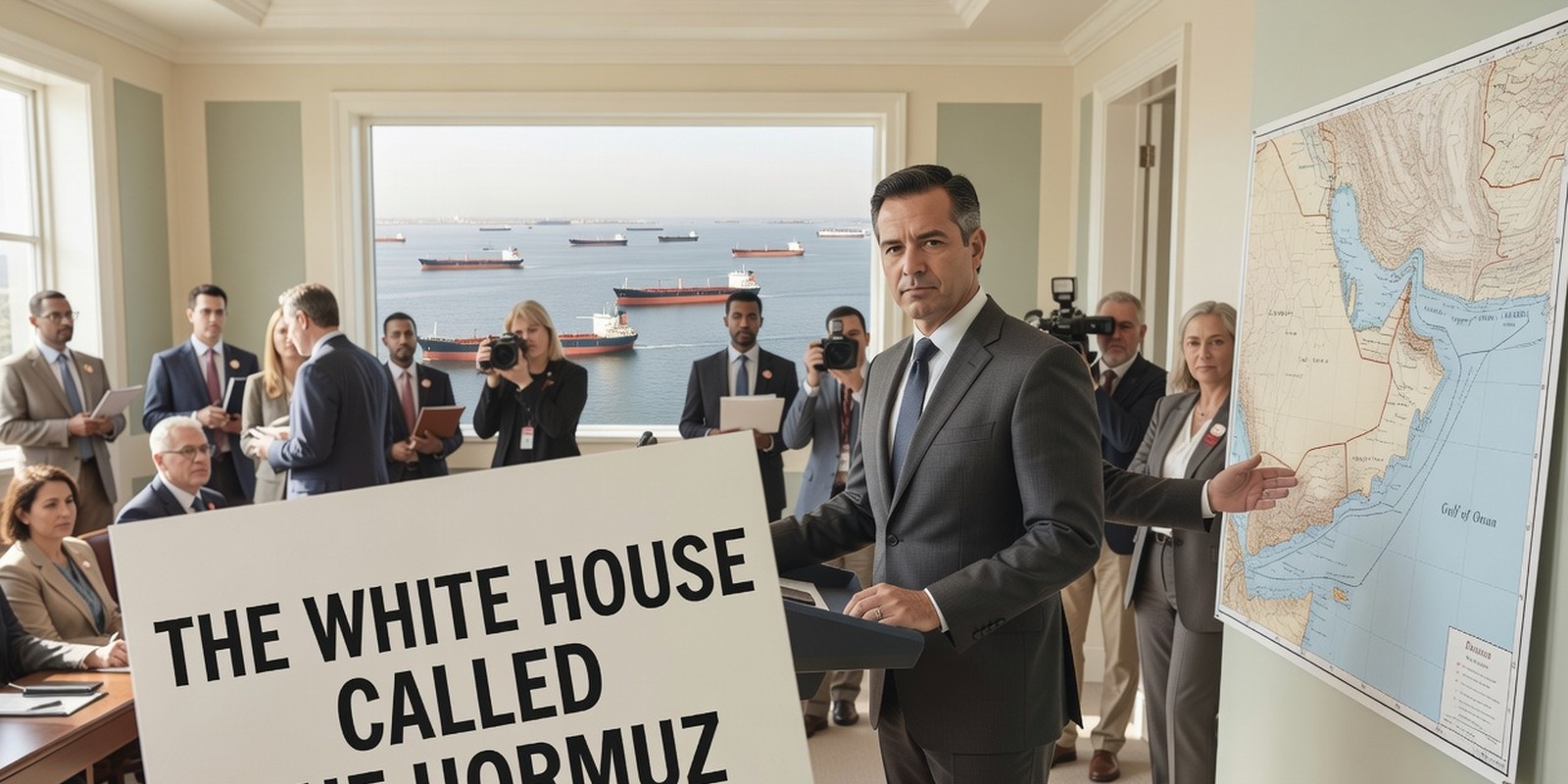 The White House Called the Hormuz Claim a Joke — Politics satirical illustration · SPICY tier · Roast Station editorial