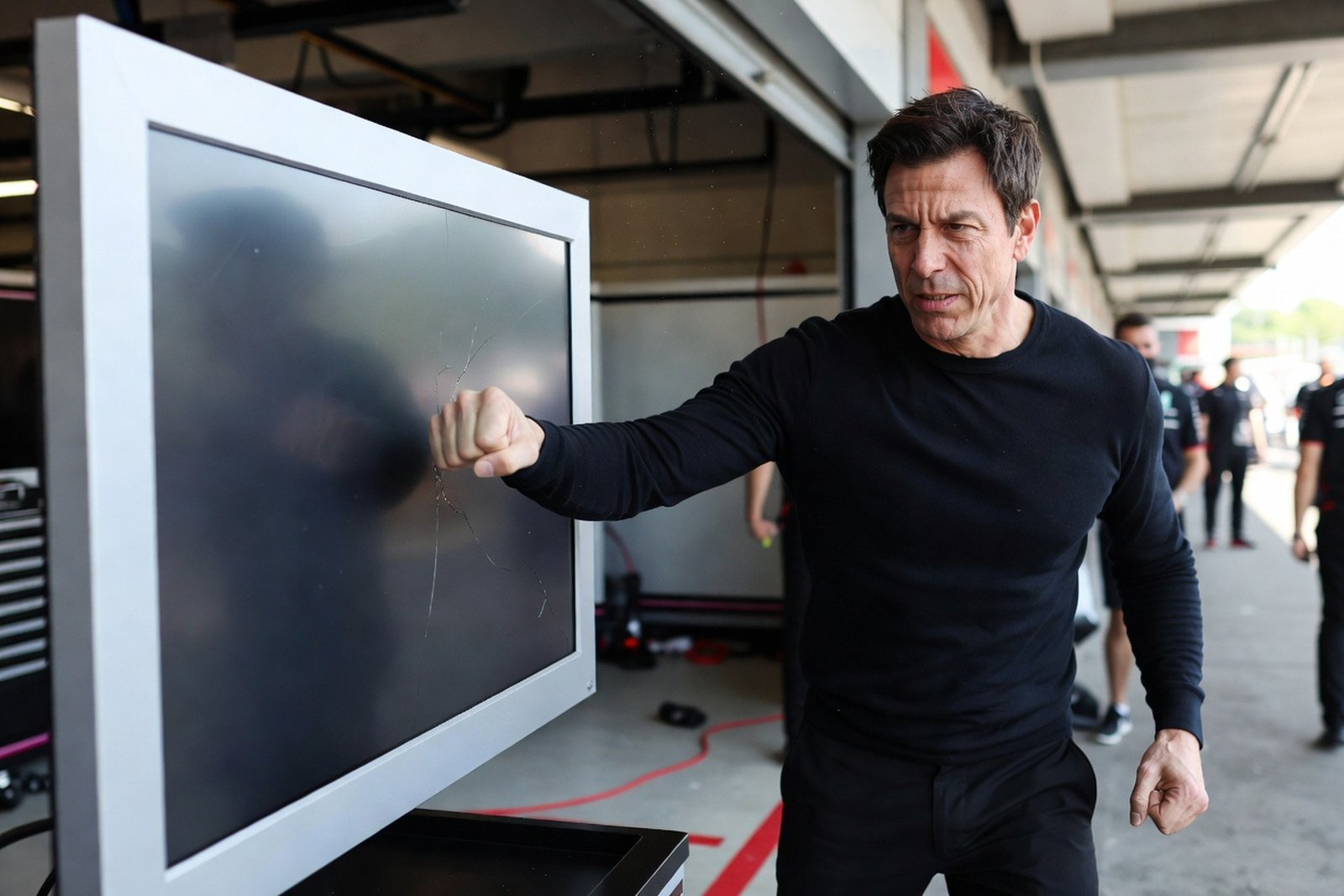 Wolff Punched the Timing Monitor at Monza — Sports satirical illustration by Roast Station